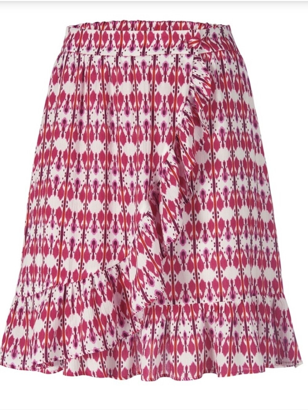 Riani Pink & Purple Batik/Boho Print Viscose Ruffle Wrap Mini Skirt (Size US 8)